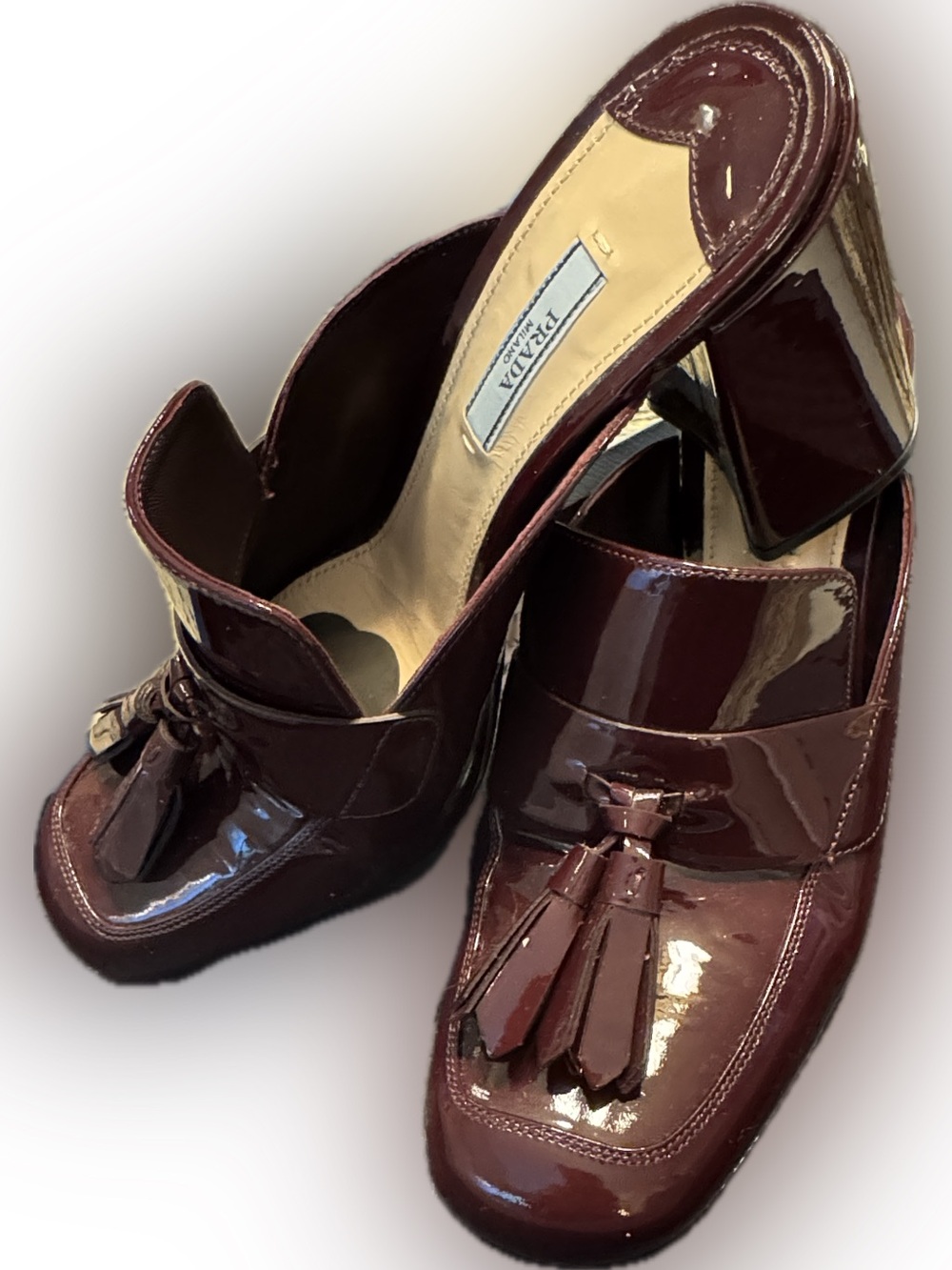 Prada Patent Leather Tassel Mules in Deep Burgundy 40.5